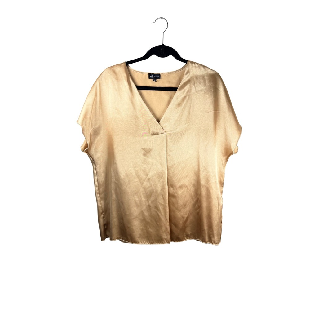 Nicole Miller New York Gold Satin V-Neck Cap Sleeve Blouse XL Feminine Chic Glam